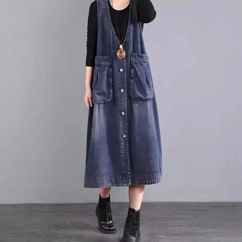 

Oversized Women's Denim Waistcoat Dress Spring Autumn Long Large Pocket Belly Skirt Fashion Female Korean Cowboy Strap Dresses