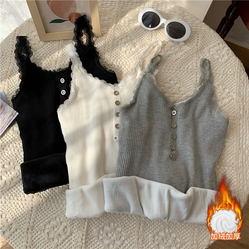 

Winter Warm Inner Wear for Women Velvet Vest Sexy Lace Side Thermals Sleeveless Body Tops Solid Slim V Neck Thermal Underwear
