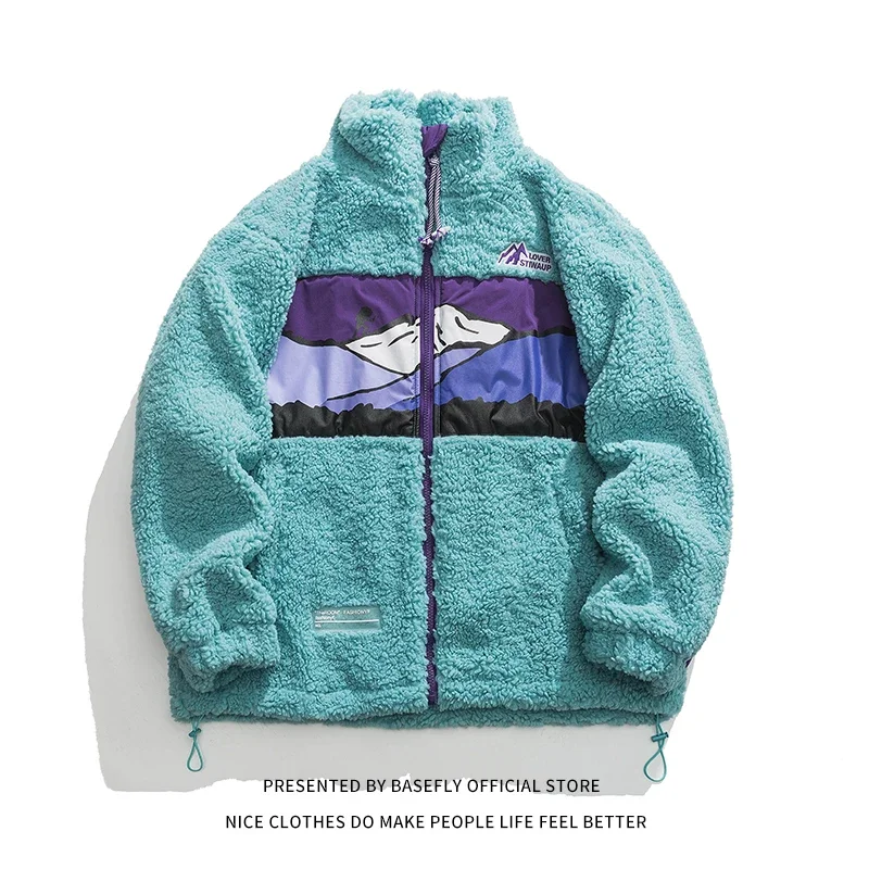 Men Bomber Jacket Chic Winter Thick Patchwork Lambswool Sheep Fur Like Unisex Women Baseball Coat High Streetwear Couple