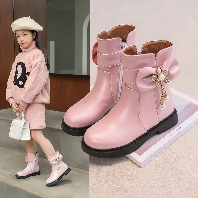 Fashion 2023 Kids Winter Boots Pink White Bowtie Sweet Girls Lolita Shoes Princess Low Heeled Crystal Ankle Bota Children