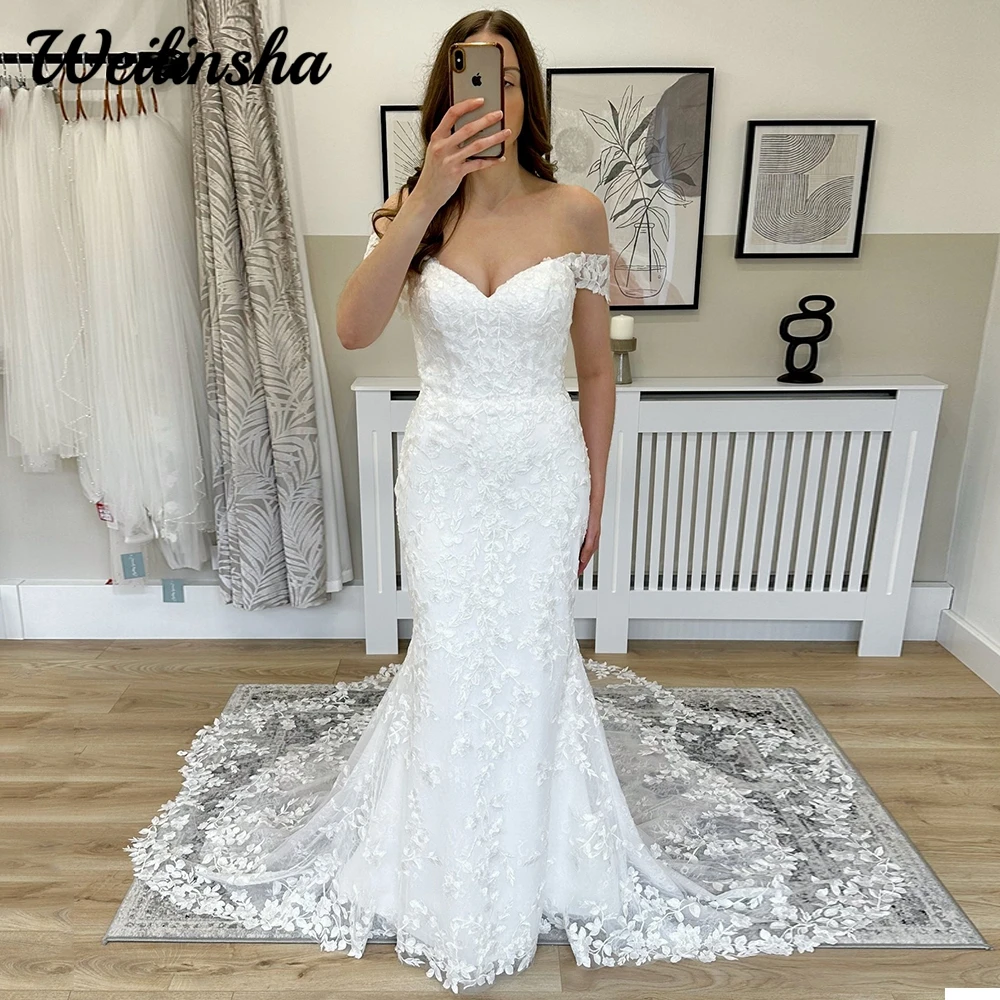 

Exquisite Lace Mermaid Wedding Dress Off the Shoulder Sweetheart Brides Bridal Gowns with Appliques Court Train High Quality