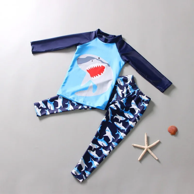 Summer Children Long Sleeve Swimsuit Set Jumpsuit Shark Print Baby Boys Diving Suit Sun Protection Swimwear Korea
