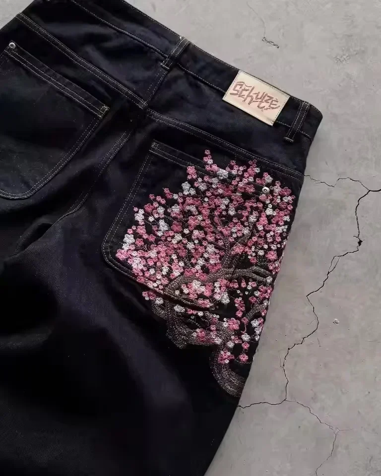 Vintage Low Waist Hip Hop Cherry Blossom Embroidered Jeans Wide Leg Trousers Y2K Clothes Mens Womes Embroidered Baggy Jeans 2