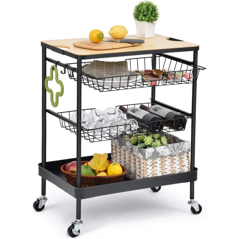 

TOOLF Kitchen Island Serving Cart with Utility Wood Tabletop, 4-Tier Rolling Storage Cart with 2 Basket Drawers, Universal