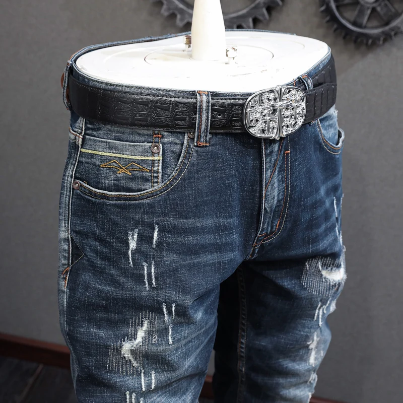 Fashion Designer Men Jeans Retro Black Blue High Quality Elastic Slim Fit Patched Ripped Jeans Men Vintage Denim Pants Hombre