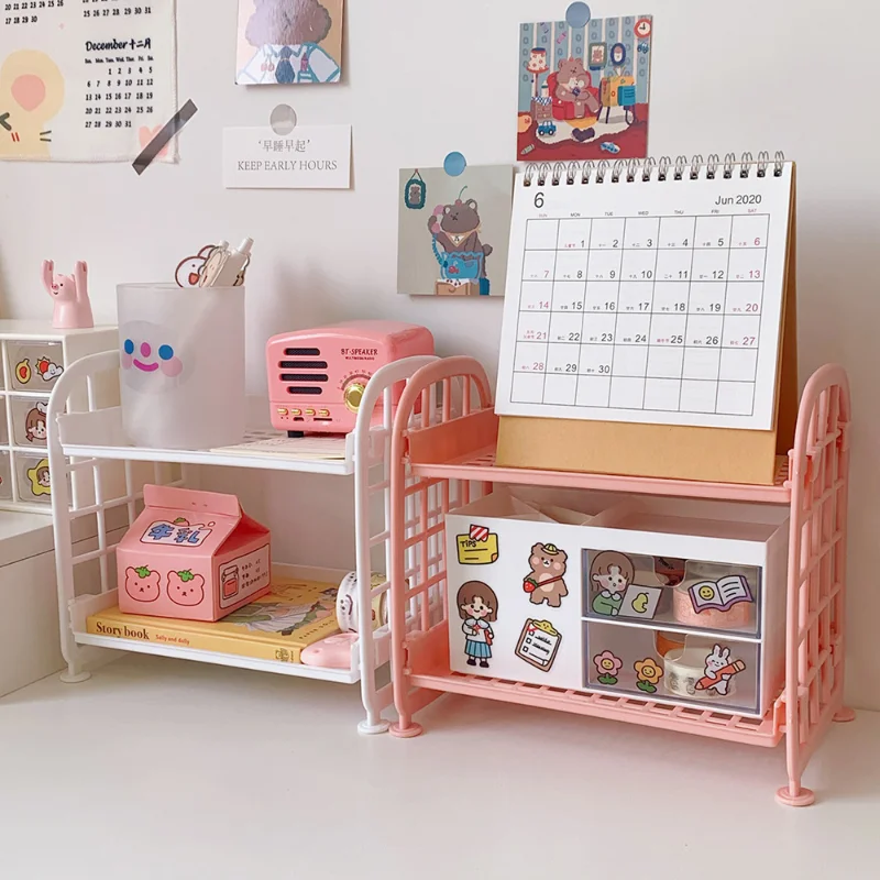 Desk Organizer Korean Cute 2 Layer Cosmetic Brush Pencil Storage Rack Simple Desktop Stationery Organizer Rack Simple DIY Folding Handmade
