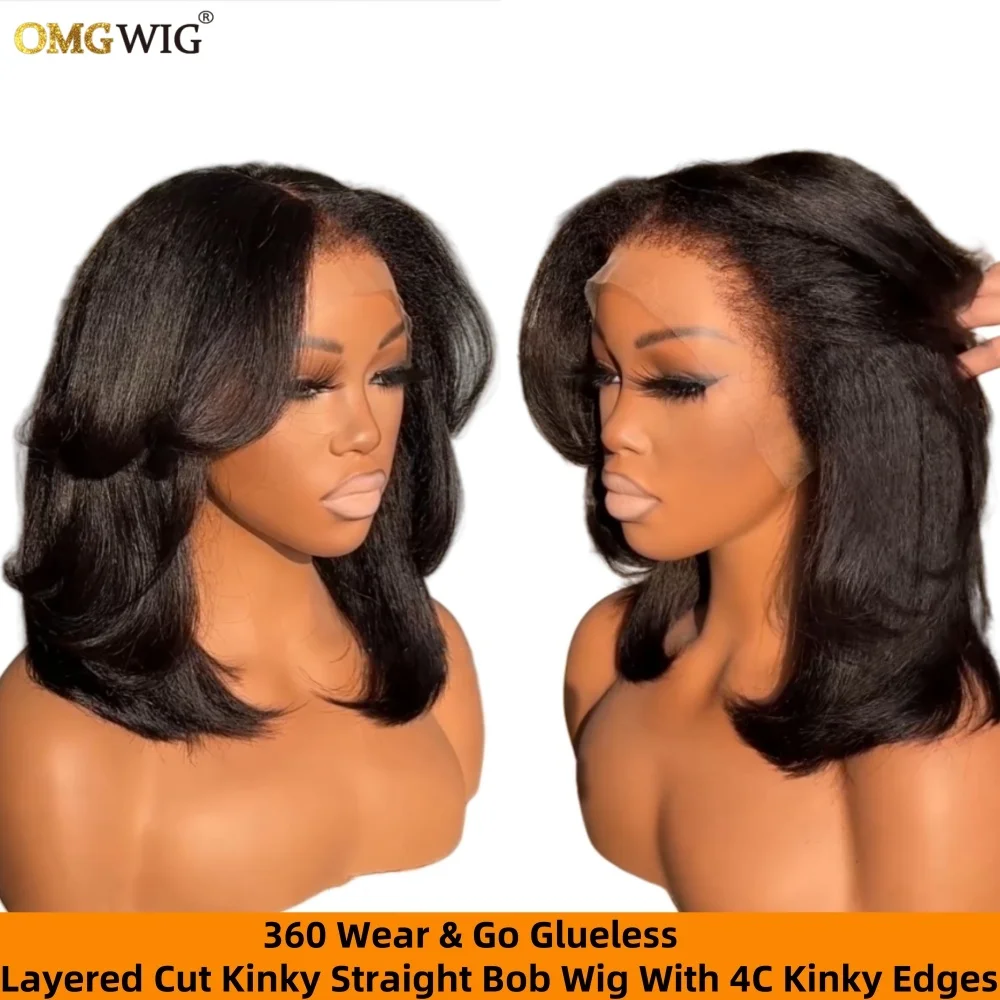 5x7 Wear & Go Kinky Straight Bob Human Hair Wig With 4C Kinky Edges 360 Glueless Lace Layered Cut Wig For Black Women Brazilian