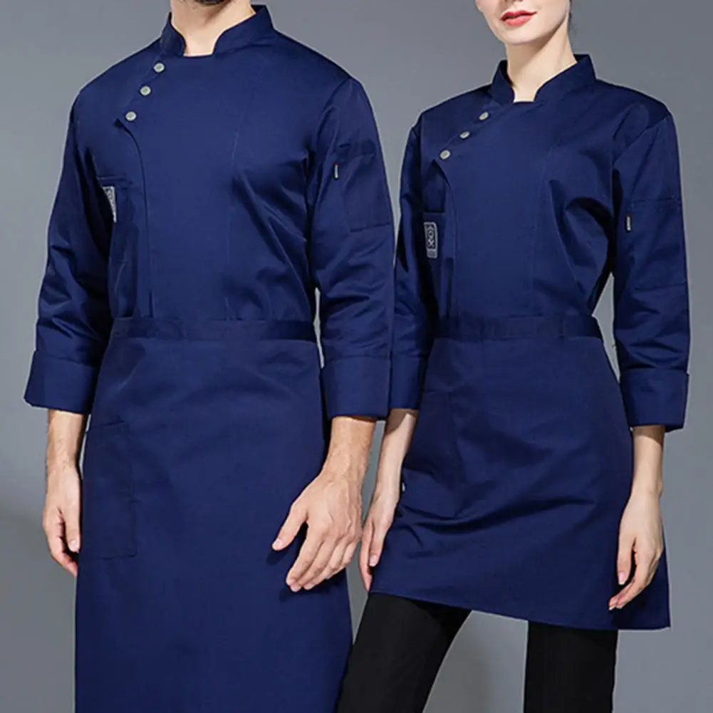 

Chef Coat Cotton Blend Stylish Chef Uniform with Stand Collar Double-breasted Design Stain-resistant for Bakery for Comfort