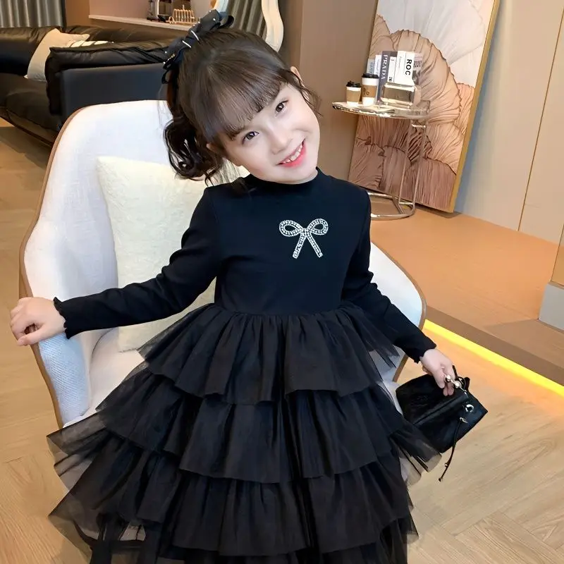 

2023Autumn and Winter New Fashion Bow Tie Hot Diamond Cake Dress Little Girl Temperament Princess Dress