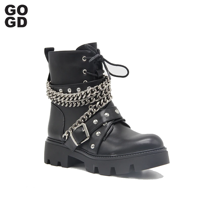 GOGD Brand New 2021 Fashion Personality Chains Winter and Autumn Shoes Women Ankle Boots Cool Street Punk Motorcycles Boots