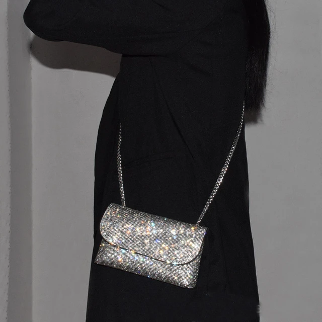 Luxury Designer Evening Clutch Bag Handle Rhinestones silver Shiny
