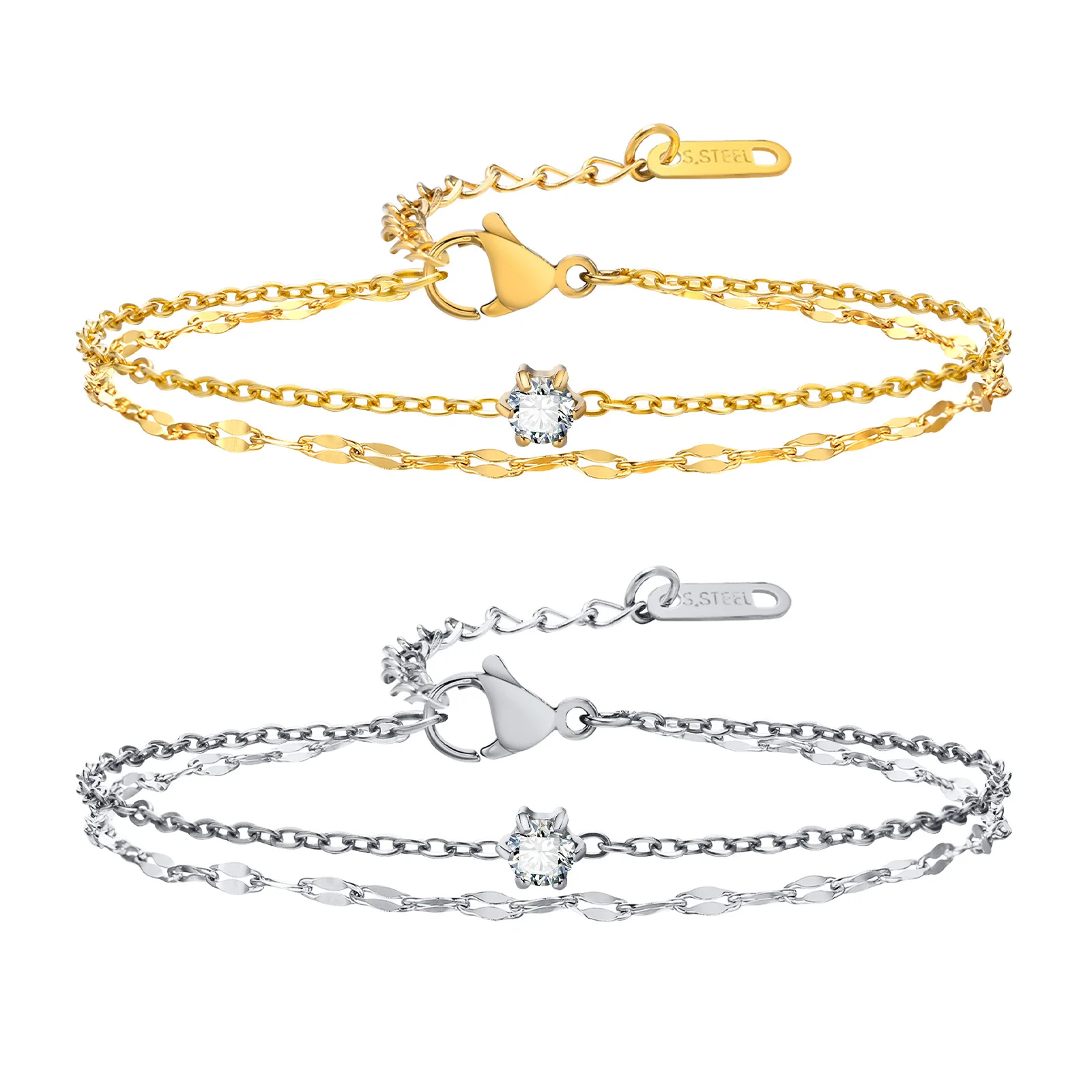 Double Chain Bracelet Zirconia,Adjustale Link Stainless Steel Stackable Jewelry, Women Girls Sister Mother Chrismas Gift