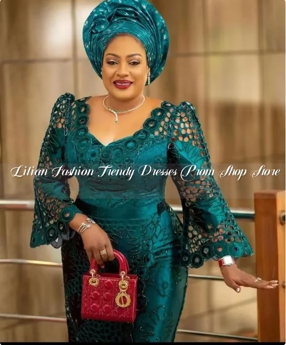 Green Fashion Bride Mother Dress Elegant Lace Half Sleeve Embroidery Tight A-Line Long African Banquet Dresses