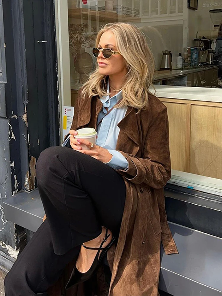 Brown Suede Leather Women Winter Coats With Belt Vintage Lapel Double Breasted Coat Ladies 2024 New High Street Trench Outerwear 3