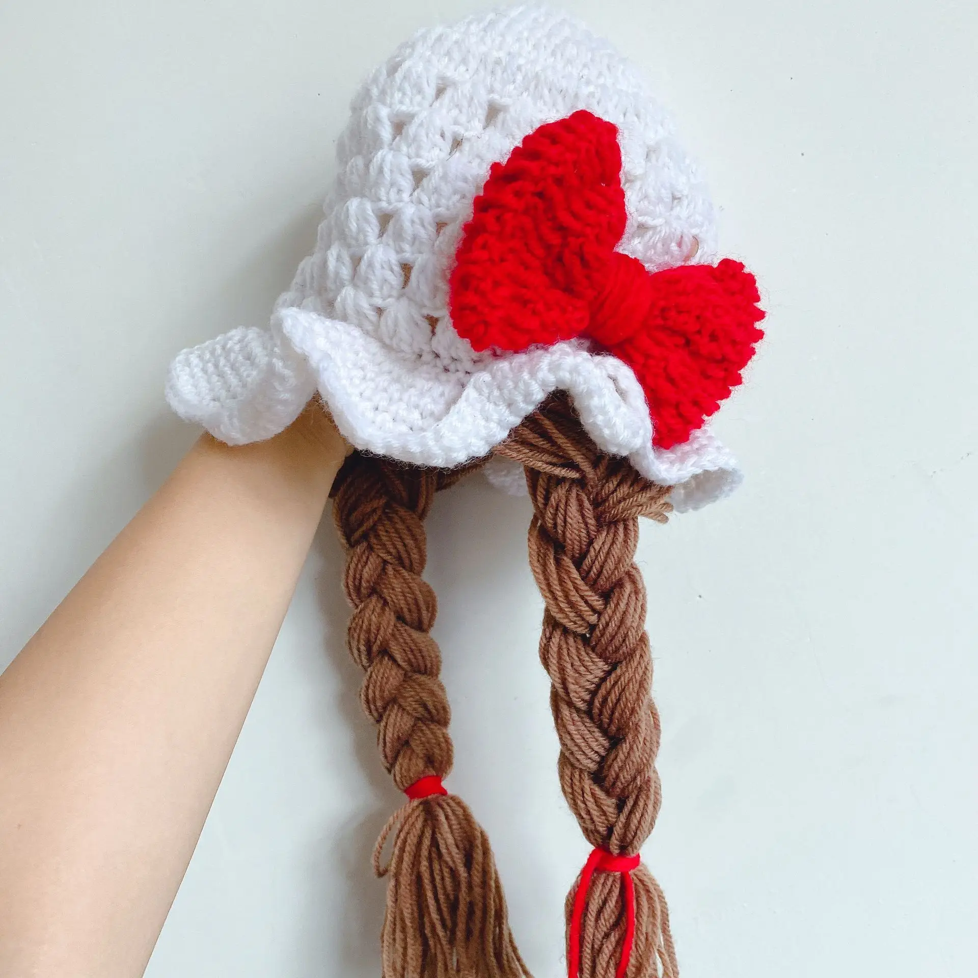 Cute Cherry Baby Girl Bucket Hat Cosplay Hair Braid Wig Cap Winter Warm Crochet Knitted Children Hats and Caps for Kids Girls