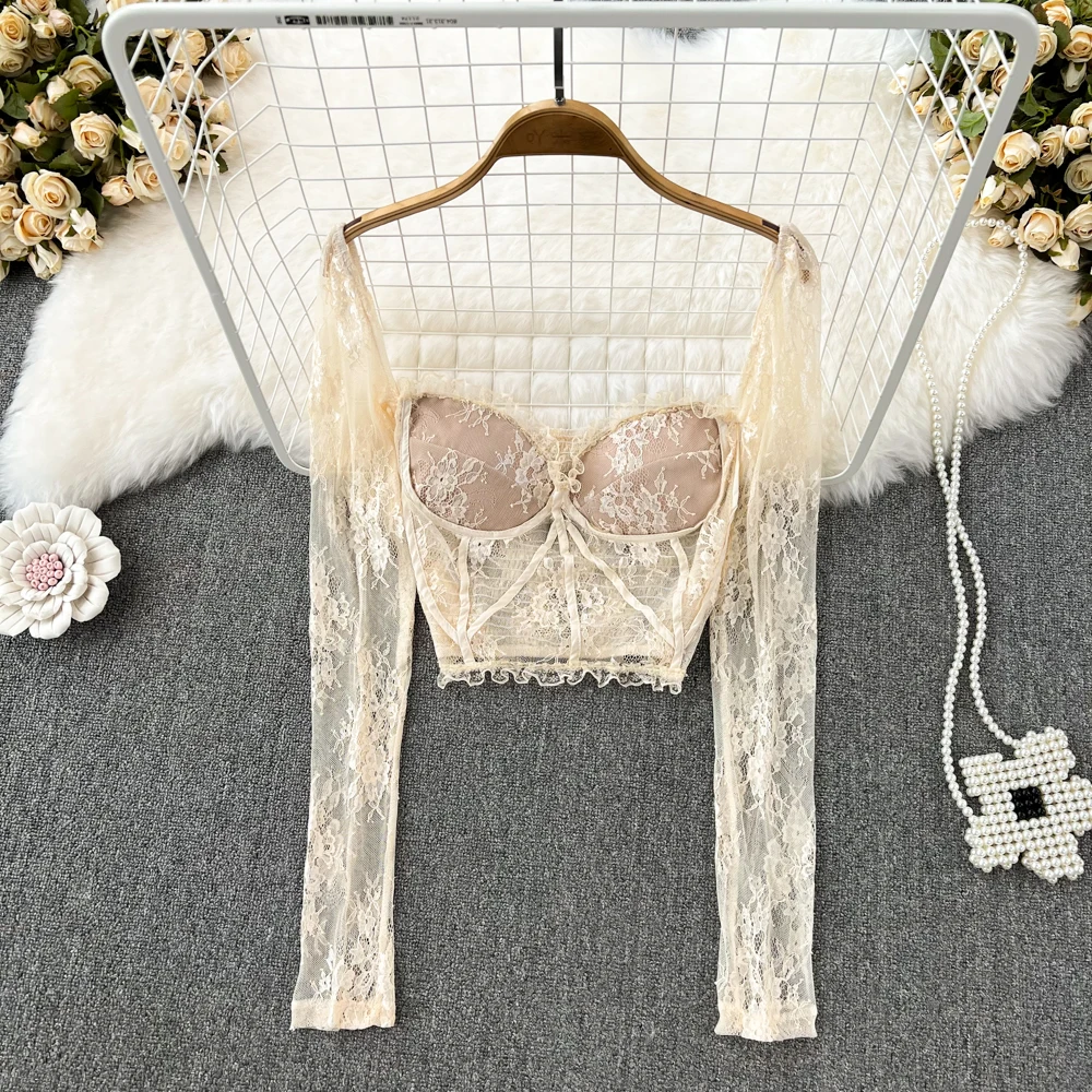 

Женская облегающая футболка с длинным рукавом и квадратным вырезом, однотонная Кружевная футболка с цветочным принтом, весна-лето