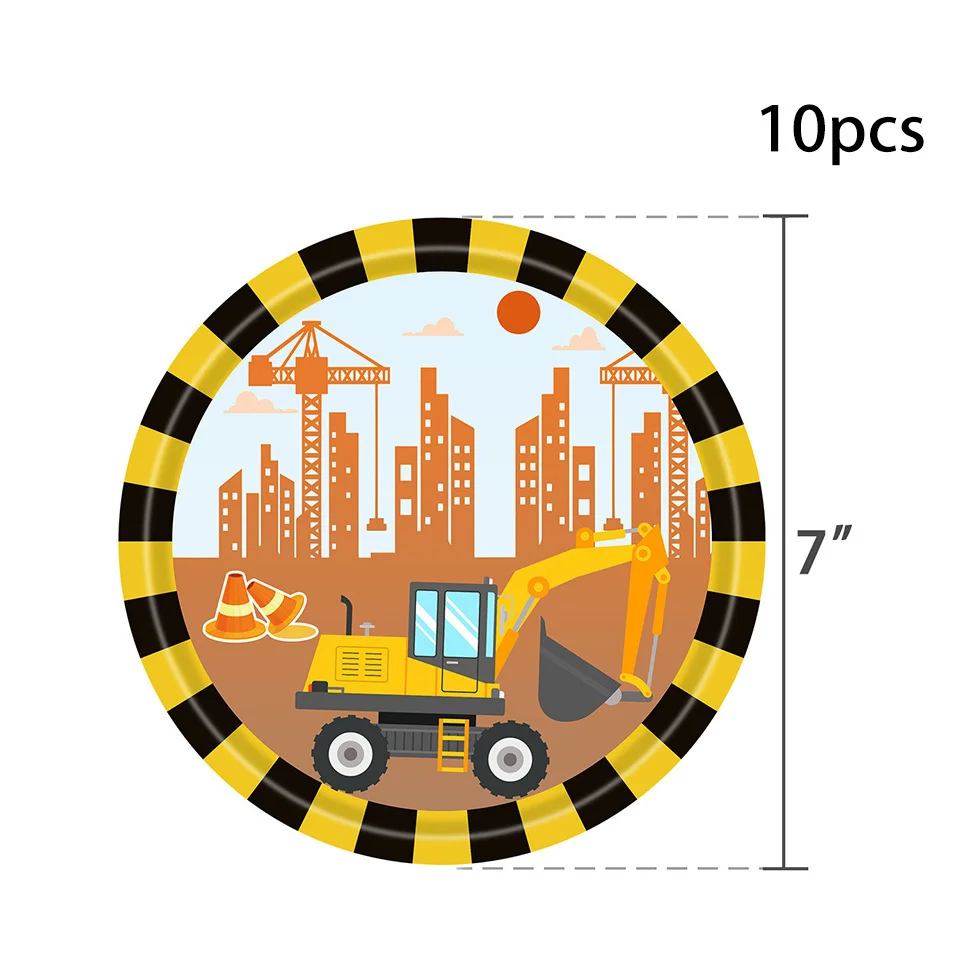 1set Construction Bulldozer Series Disposable Tableware Paper Cups Plates Truck Balloons For Boy's Birthday DIY Party Decoration 