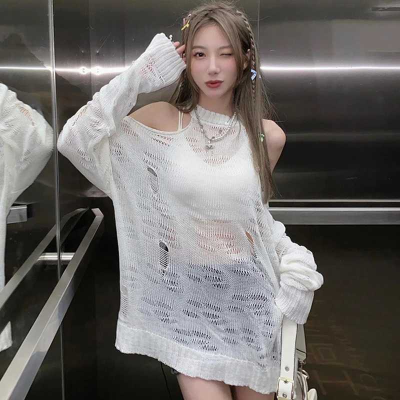 

Y2K джемперы с круглым вырезом и открытыми плечами для девочек, милые вязаные топы с длинным рукавом, 2023, женское однотонное белое тонкое длинное платье-свитер