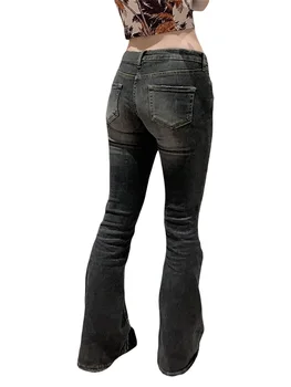 Women Denim Pants Side Pockets Casual Party Street Spring Fall Long Trousers Grey 2