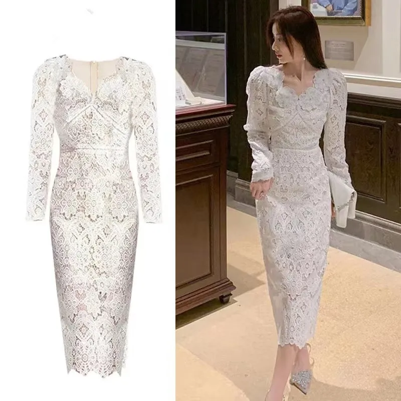 

New Autumn Water-Soluble Lace Bodycon Slim Dress Elegant Women Flower Appliques V Neck Hollow Out Embroidery Party Long Dresses