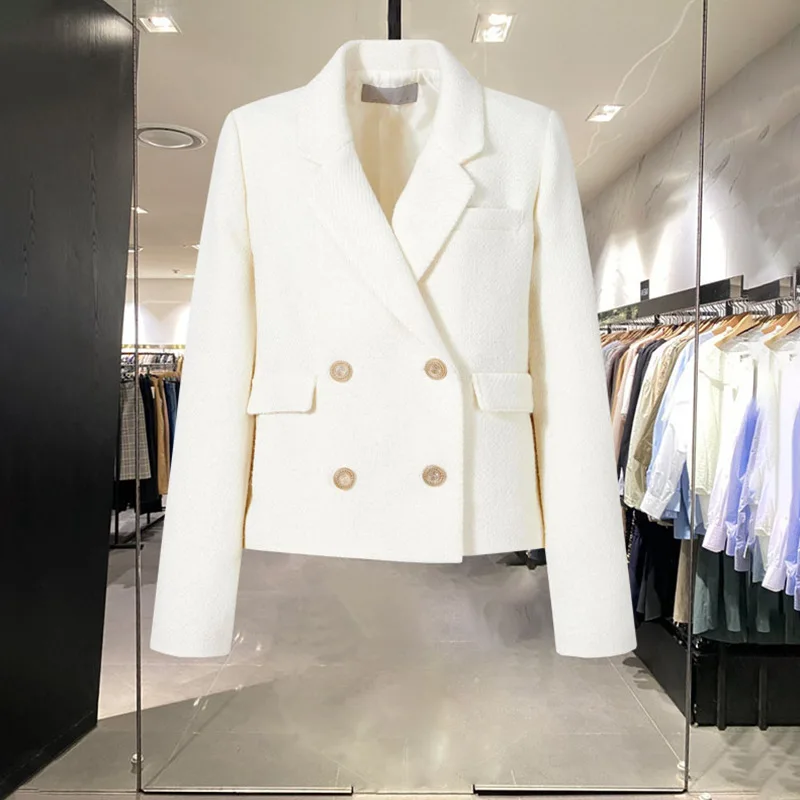 

Elegant Woolen Small Blazer Coat Autumn Winter For Women Vintage Windbreakers Short Jacket Loose Double Breasted Warm Wool Coats