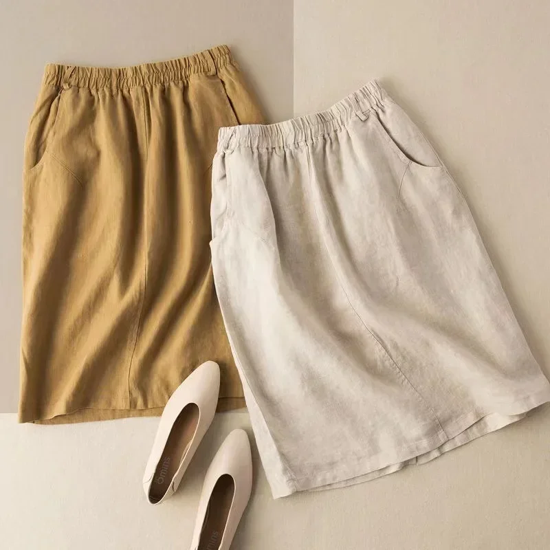 

Linen Half Skirt Female Large Size Spring and Summer New Fashion Literary Open Pocket High Waist A Word Package Hip Skirt P595