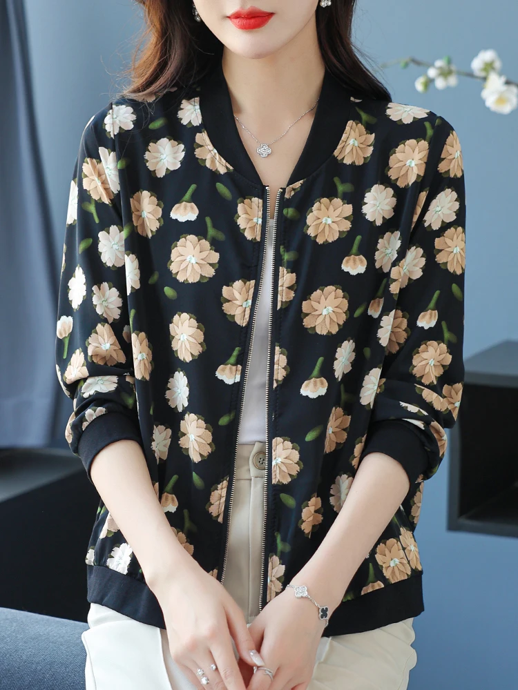 

Куртка женская тонкая на молнии с длинным рукавом и принтом