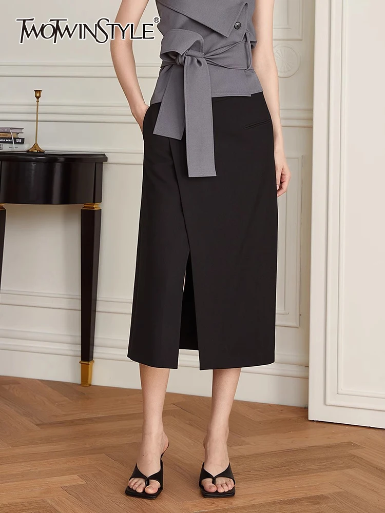 

TWOTWINSTYLE Solid Split Slimming Elegant Skirts For Women High Waist Temperament Minimalist Skirt Female Fashion Clothing 2023
