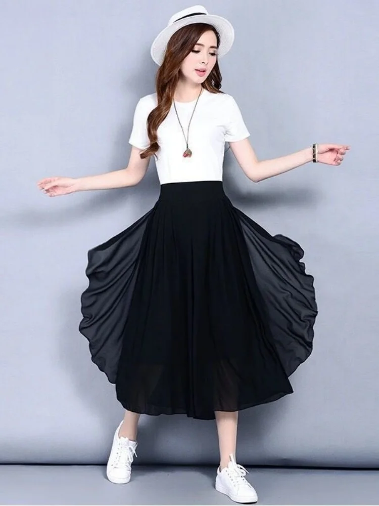 Women's Summer Capris Chiffon Breathable Wide Leg Pants Solid Color Oversized High Waist Loose Casual Pantskirt