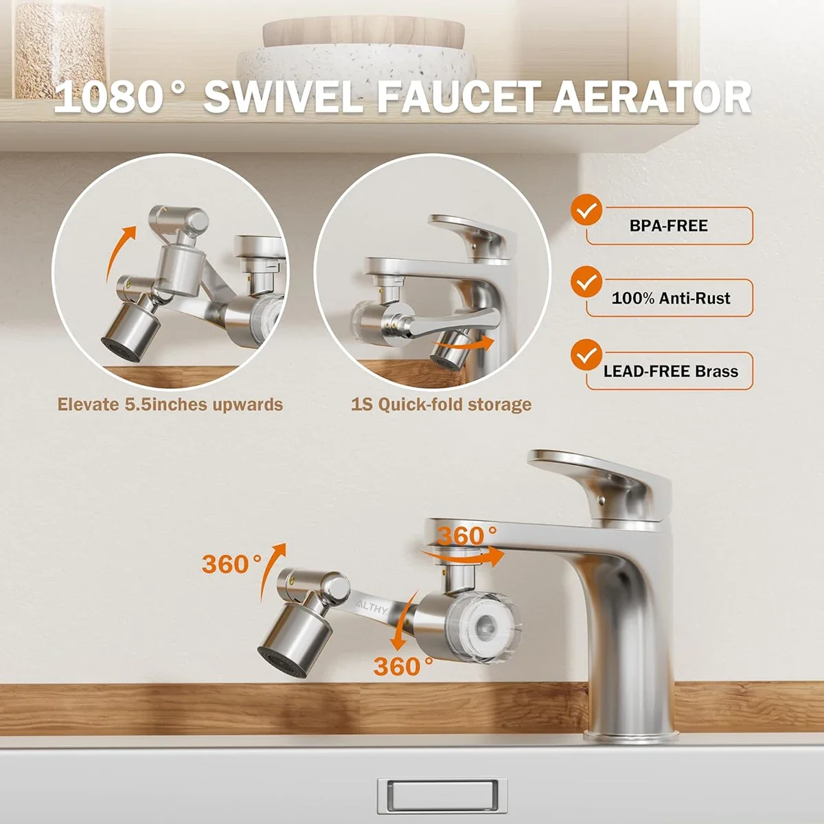 ALTHY Faucet Extender Water Filter Sink Splash-proof 1080&deg; Rotating Tap Aerator Reduce Lead Chlorine Odor 2 Water Spray Modes faucet aerator faucet extender adapter faucet adapter faucet extender