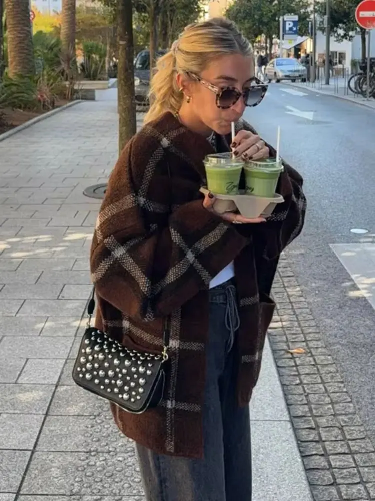 HH Autumn Women Plaid Knit Scarf Collar Cardigan Coat Long Sleeve Oversize Jacket With Pockets Fashion High Street Lady Clothing