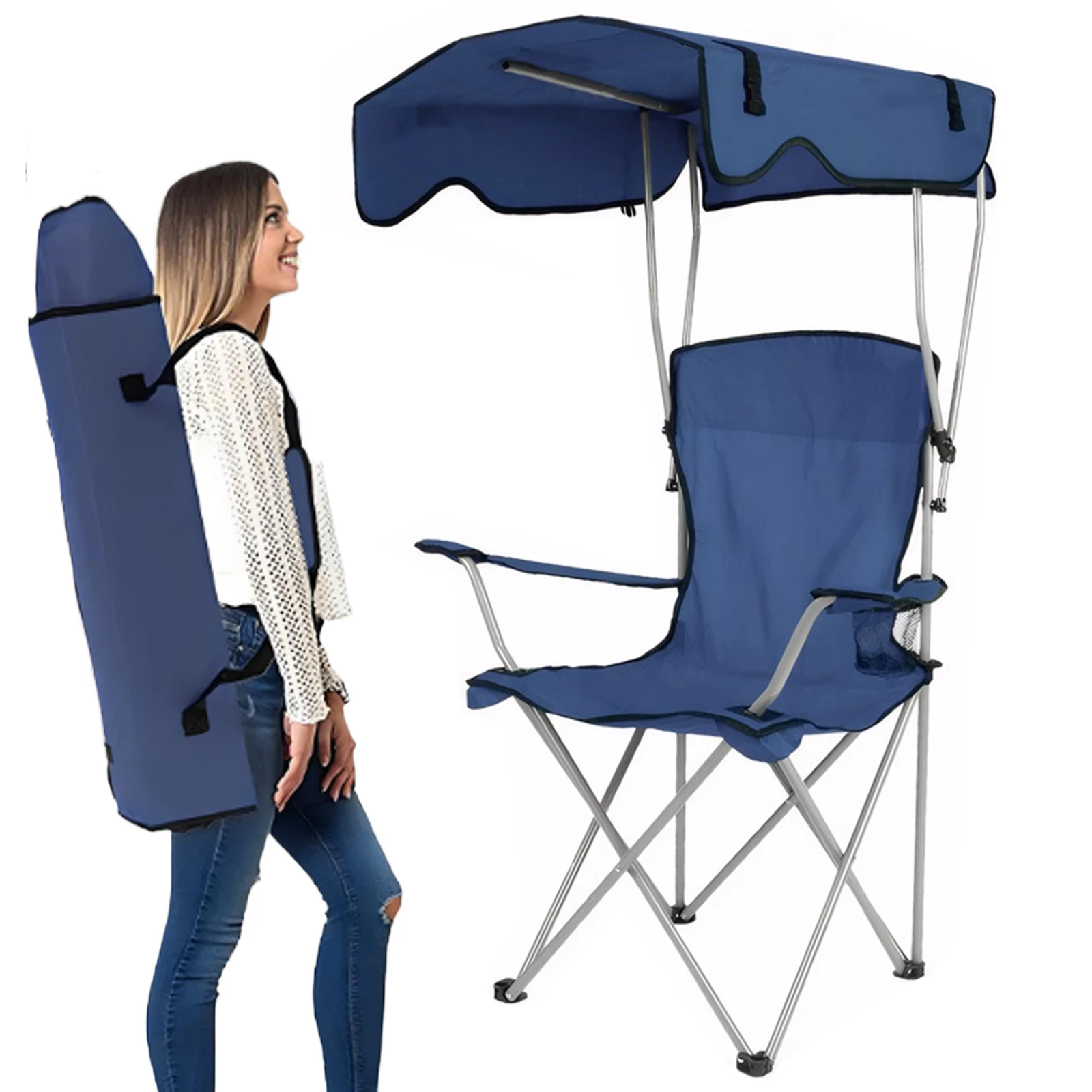 Large Camping Lawn Chair with Ceiling & Cup Holder Folding Fishing Chair Waterproof Portable Sunshade Chair for Poolside Travel