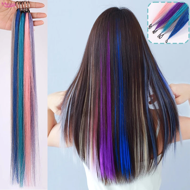 Mesxn Feather Hair Extensions Straight Natural Real Human Microring Hair Extensions Colore Viola Blu Rosa Grigio 18-20 Pollici