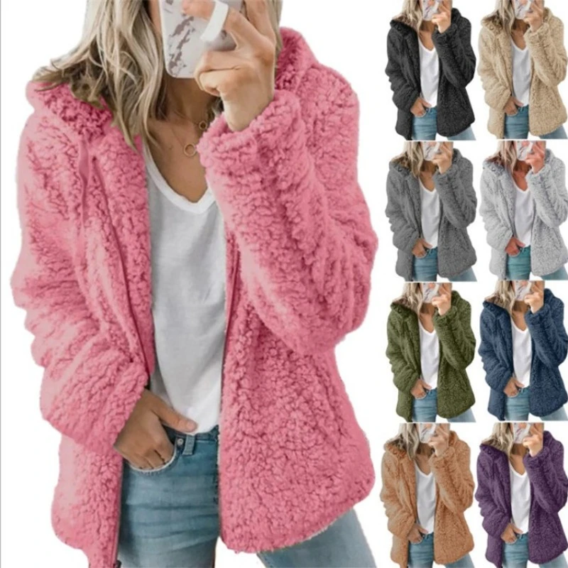 New Zipper Hooded Woolen Coat Woman Solid Fleece Jackets Cashmere Long Sleeved Loose Coats Female Winter Ladies Fashion Jacket