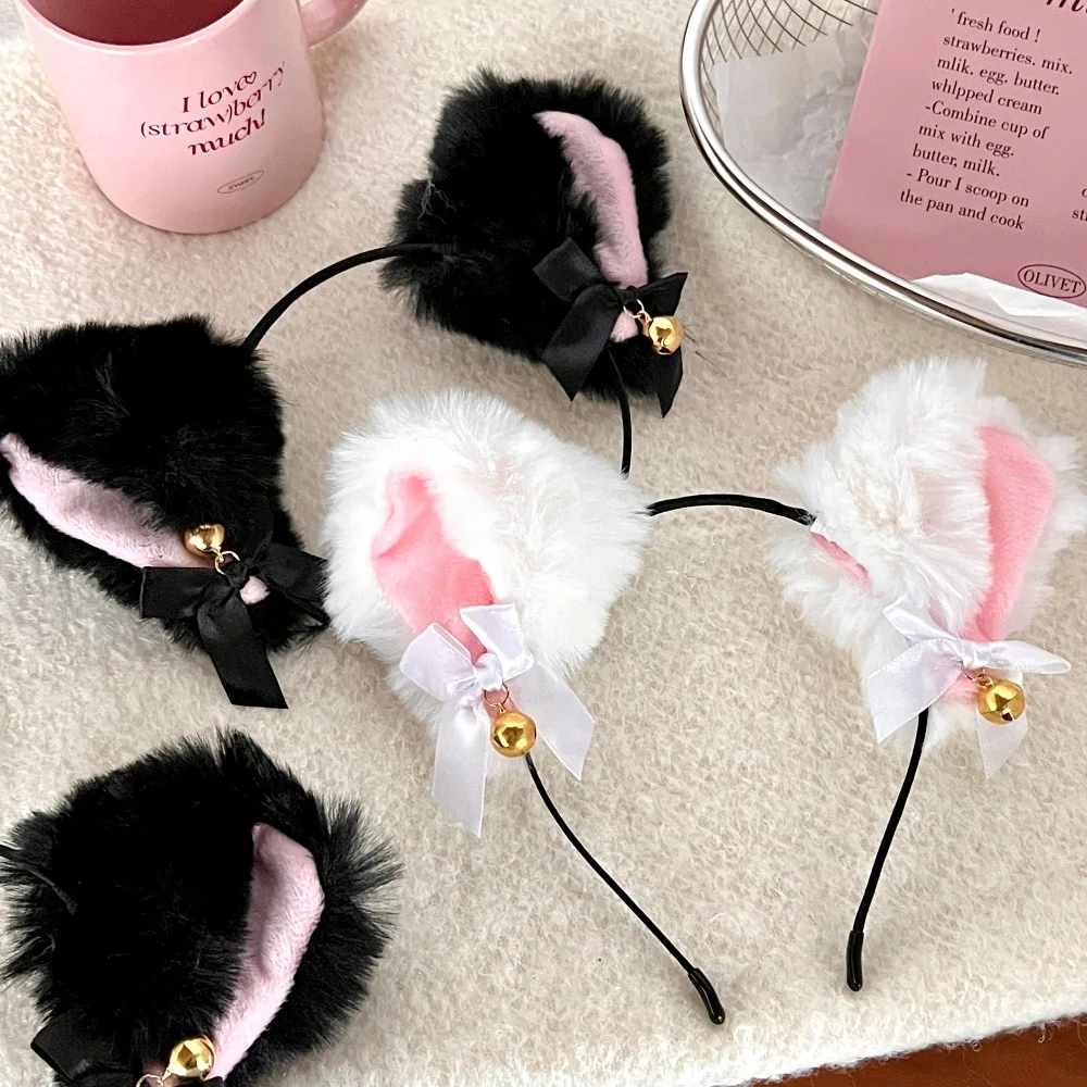 Kawaii Cat Ears Headband for Women Girls Lace Bow Necklace Plush Bell Hairband Cosplay Masquerade-Party Costume Hair Accessories
