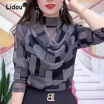 여성용 격자 무늬 프린트, 섹시한 쉬어 메쉬, 우아한 기본 티셔츠, 봄 가을 패션, 하프 하이 칼라, 긴팔 슬림 풀오버 상의