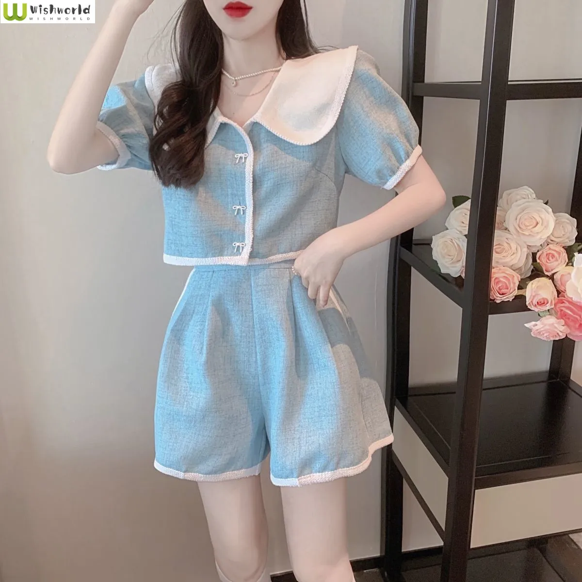 2022 New Summer Korean Blue Fashion Doll Collar Top Age Reduction Leisure Wide Leg Shorts Elegant Women's Suit