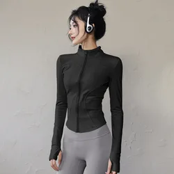 Women's Slim Fit Lightweight Full Zip-up Yoga Jacket with Thumb Holes for Workout and Sun Protection (BLACK)