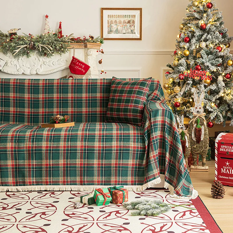 71x118in Retro pastoral tassels New red and green Scottish Plaid Christmas sofatowel is suitable for soft touch of two-seat sofa 4