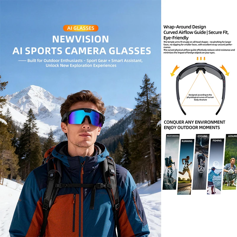 Occhiali Smart Sportivi - Per Ciclismo e Corsa - Registrazione Video HD 800W - Traduzione AI - Chiamate e Musica Bluetooth - Occhiali Intelligenti - immagine 2