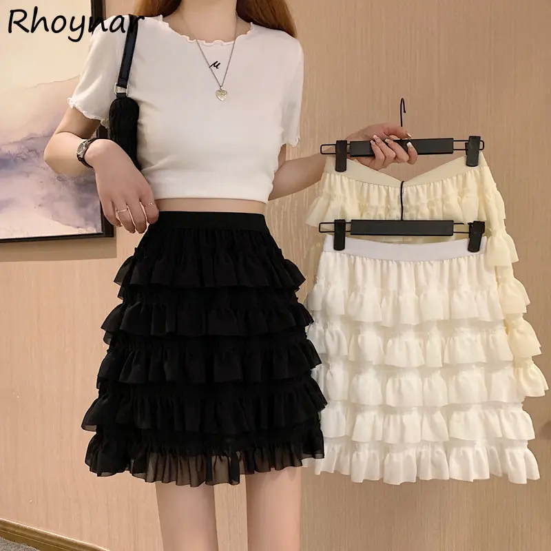 

A-line Skirts Women Mini High Waisted Ruffles Fashion Clothes Temper Girlish Summer Korean Baggy Designer Hipsters All-match INS