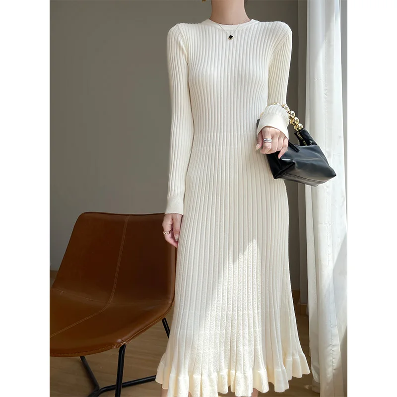 French round neck knitted dress, women's knee length fishtail long dress, unique and unique, hip hugging bottom woolen dress