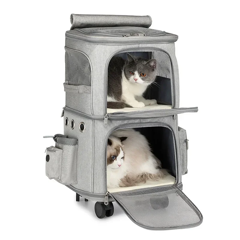 Pets Trolley Case Cat Dog Travel Bag Suitcase Luggage Collapsible 4 Wheel 2 Layer Storage Box Breathable Handbag Pet Stroller