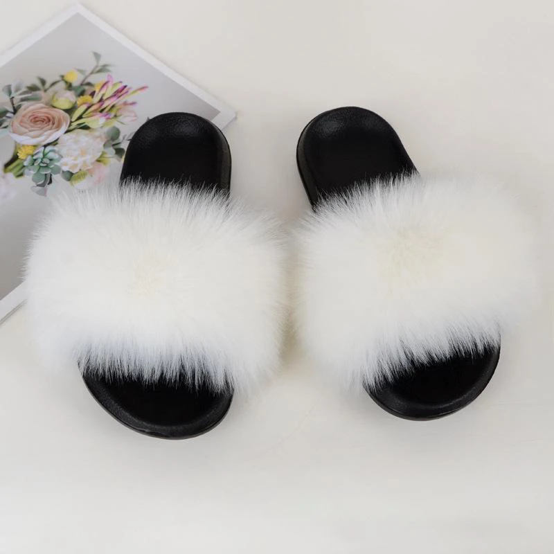Summer Faux Fur Slides for Women Furry Fake Fur Slippers Outdoor Beach Fluffy Flat EVA Sole Soft Ladies Plush Flip Flops Woman