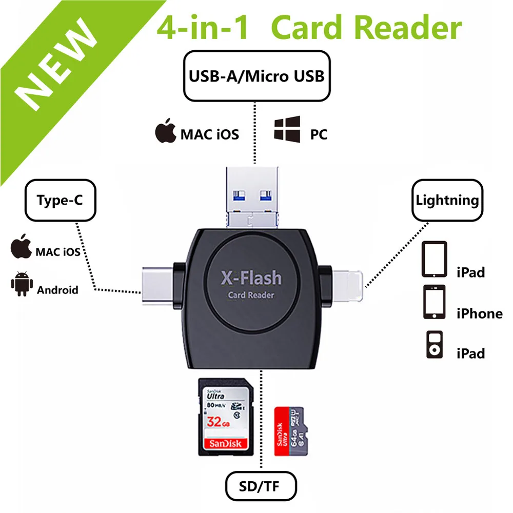 4 v 1 karta čtečka typ C mikro USB adaptér mikro SD karta čtečka karta pro iPhone 13 12 11 X / ipad MINI 2 3 vzduch 2 3 chytrá OTG