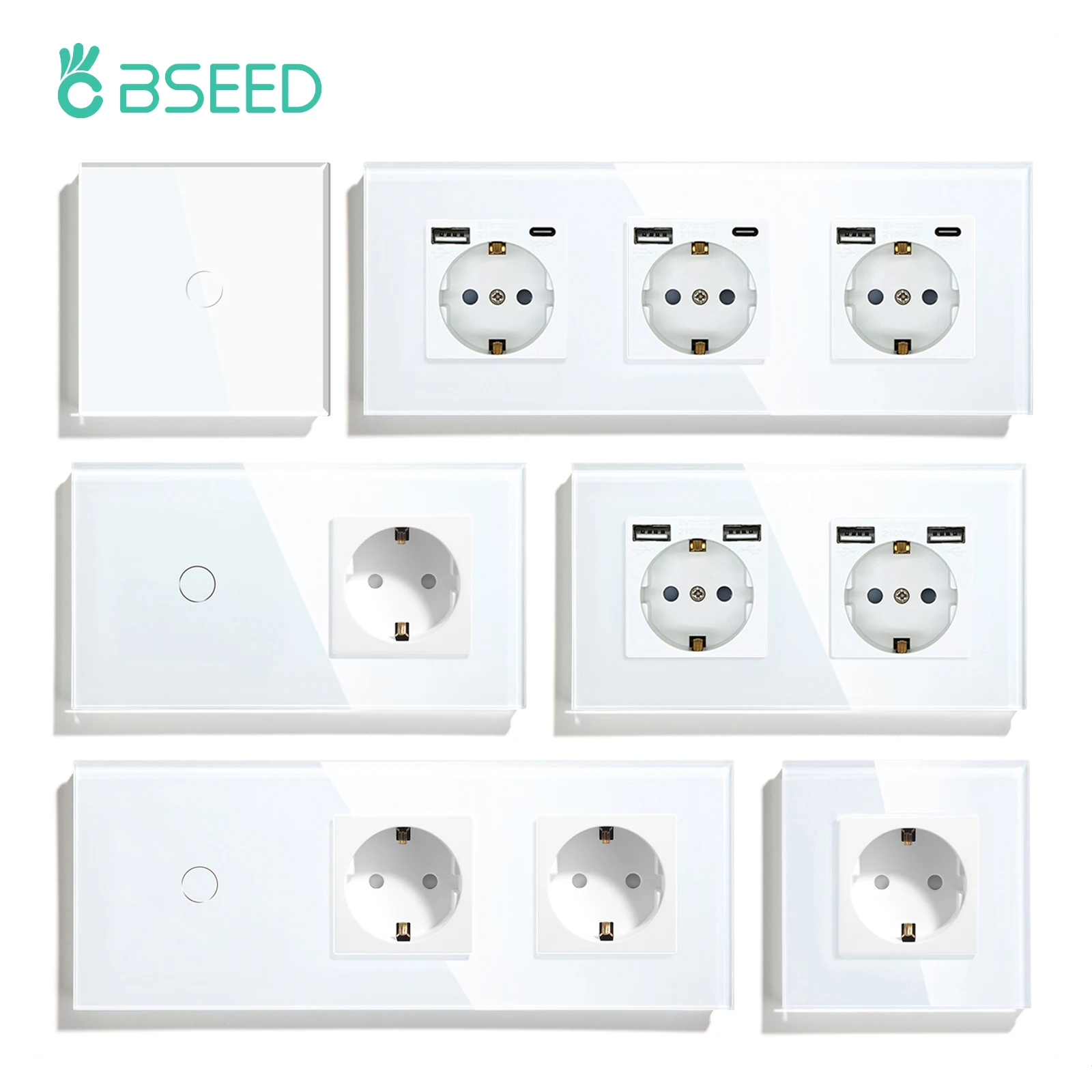 BSEED Single Power Outlet EU ปลั๊กผนังซ็อกเก็ตคู่ USB Type-C ชาร์จโทรศัพท์แผงกระจกสวิทช์สัมผัสผนังป้องกันเด็ก 1