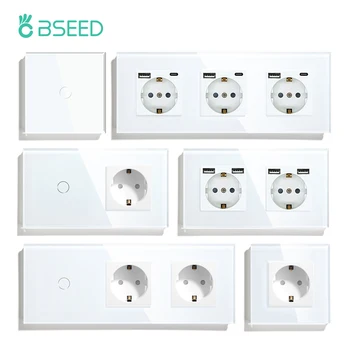 BSEED Single Power Outlet EU ปลั๊กผนังซ็อกเก็ตคู่ USB Type-C ชาร์จโทรศัพท์แผงกระจกสวิทช์สัมผัสผนังป้องกันเด็ก 1