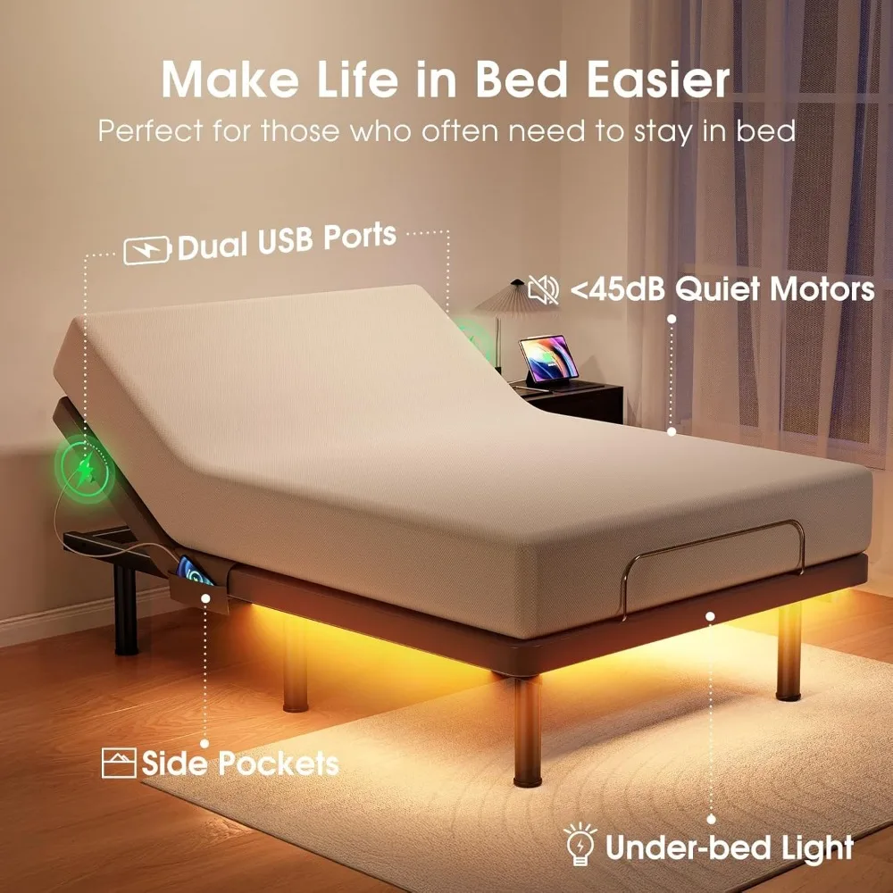 Adjustable Bed Frame Base, Ergonomic Bed with Curved Lumbar Protect Waist&Back-Zero Gravity Massage Bed-Remote with Memory-4 USB 6