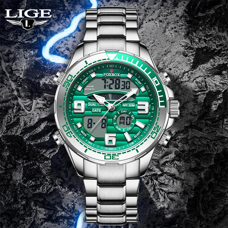 

Luxury Brand LIGE Fashion Classic Men Watch Digital Dual Display Quart Watch Waterproof Luminous Date Military Wristwatch