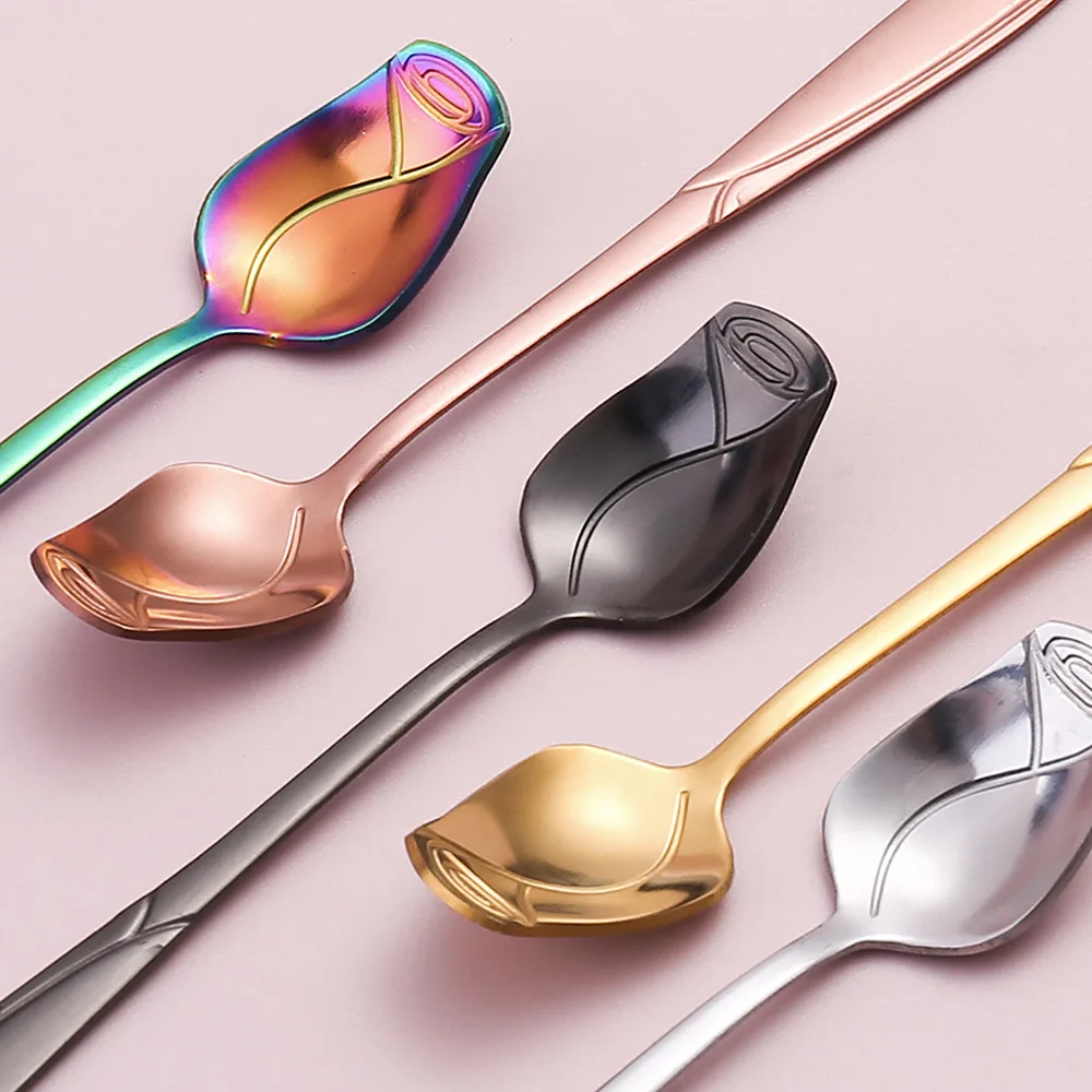 Stainless Steel Rose Stirring Spoon Long Handle Coffee Spoons Tiny Flower Scoop Unusual Teaspoon for Dessert Honey Cake Tea 5Pcs